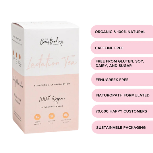 Box of breastfeeding tea with product details on a transparent background