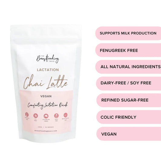 Package of lactation Chai Latte with lactation support benefits on a white background for the breastfeeding tea co.