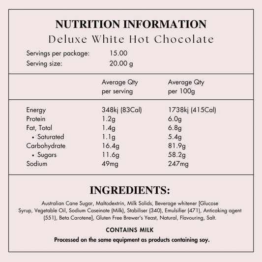 Nutrition information and ingredients list for Deluxe White Hot Chocolate on a white background.