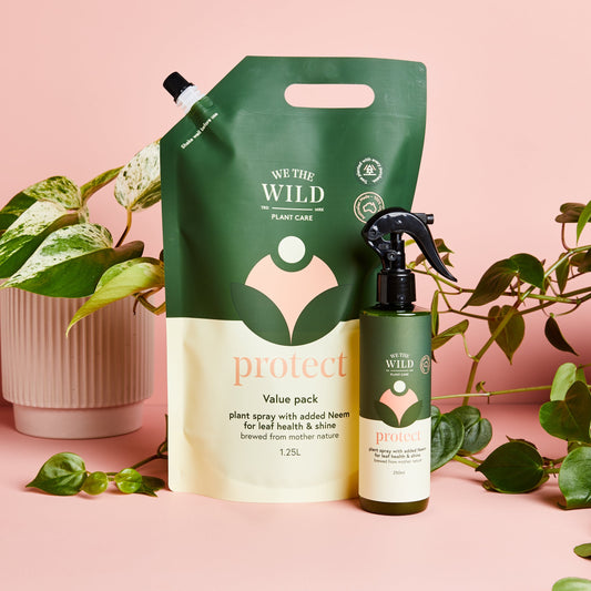 We The Wild plant care products on a pink background with plants. Protect 1.25l bag protect 250ml spray bottle.