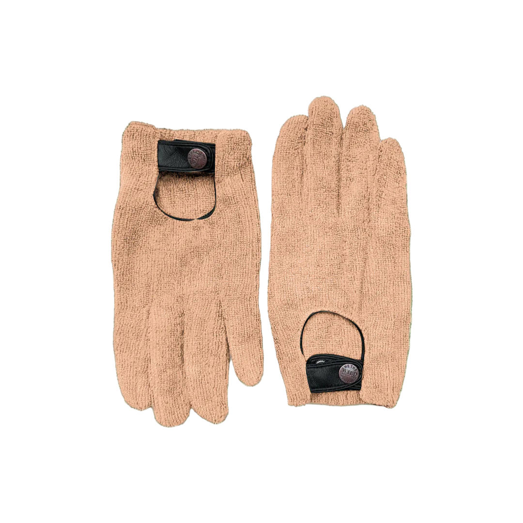 Pair of beige gloves with black accents on a white background