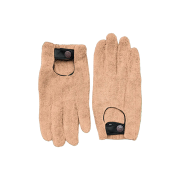 Pair of beige gloves with black accents on a white background