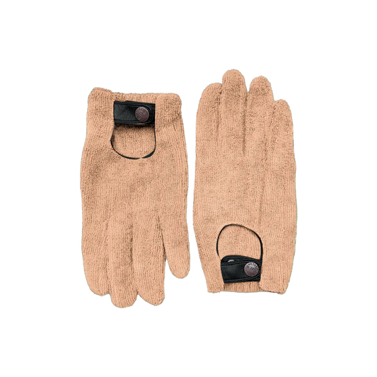 Pair of beige gloves with black accents on a white background