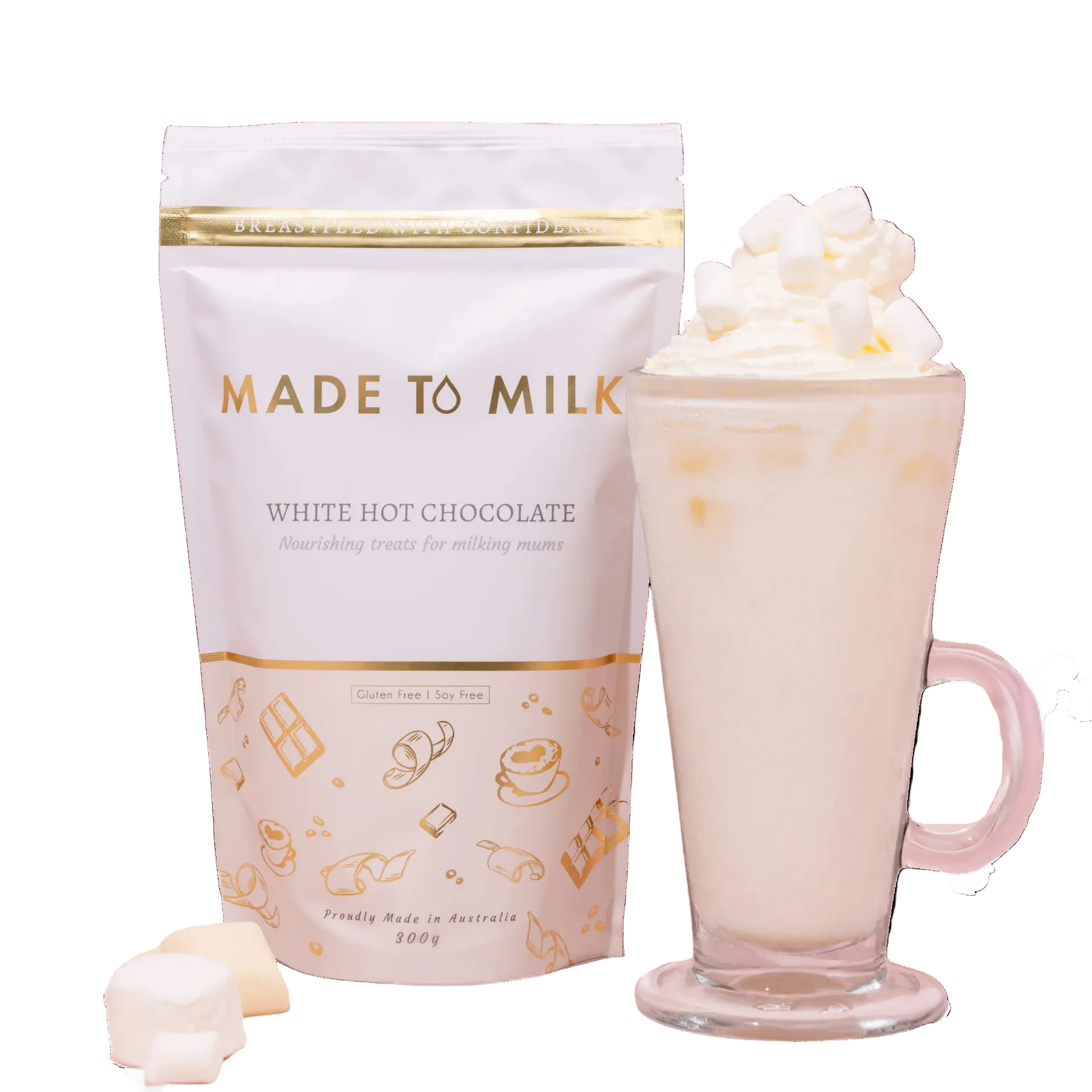 Made to Milk lactation white hot chocolate package with a mug of hot chocolate and whipped cream.