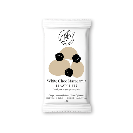 White packaging of White Choc Macadamia Beauty Bites 