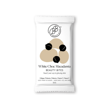 White packaging of White Choc Macadamia Beauty Bites 