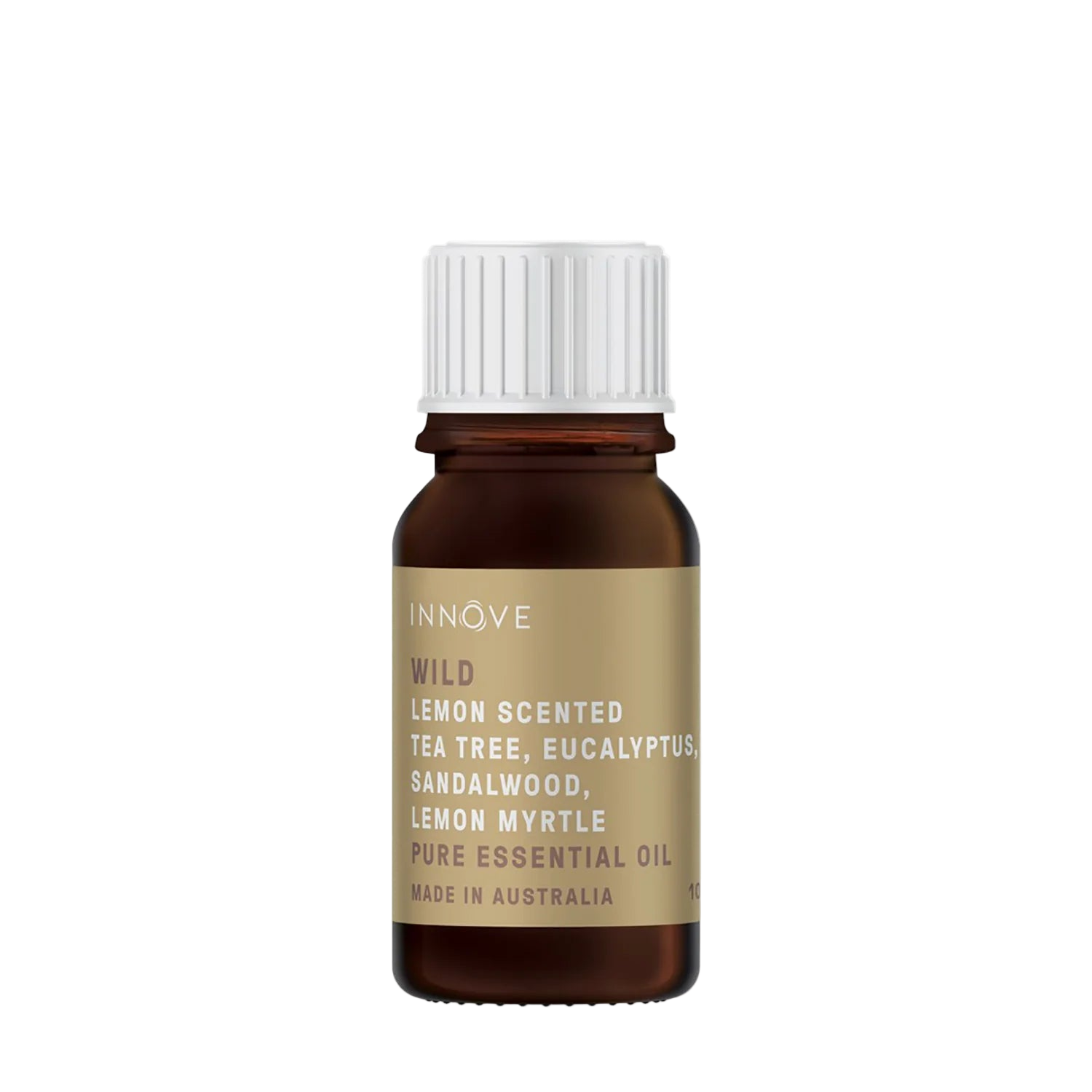 10mls Essential oil bottle named Wild with lemon scented tea tree, eucalyptus, sandalwood and lemon myrtle with a white cap on a Transparent background