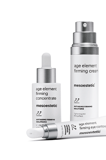 Mesoestetic skincare products including a serum, cream, and eye contour