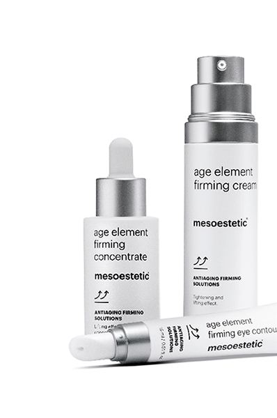Mesoestetic skincare products including a serum, cream, and eye contour