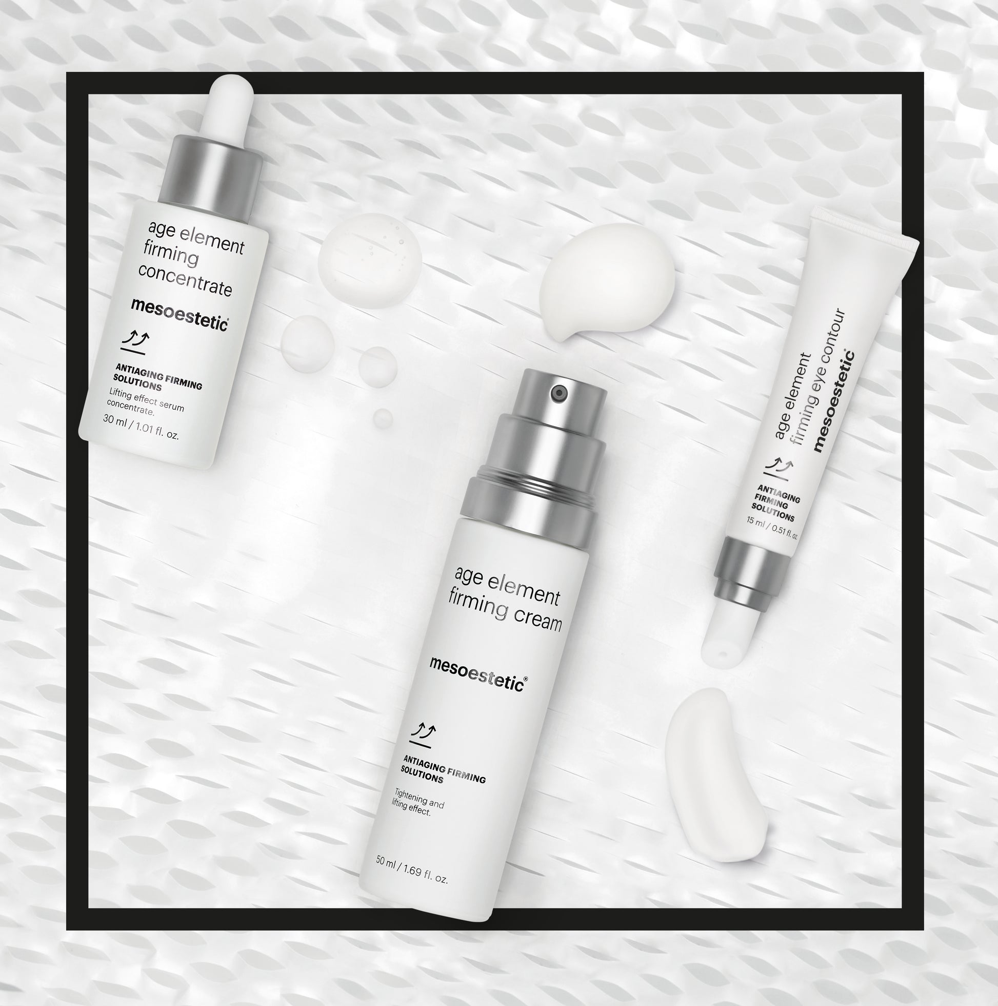 Skincare products with 'mesoestetic' branding on a textured white background