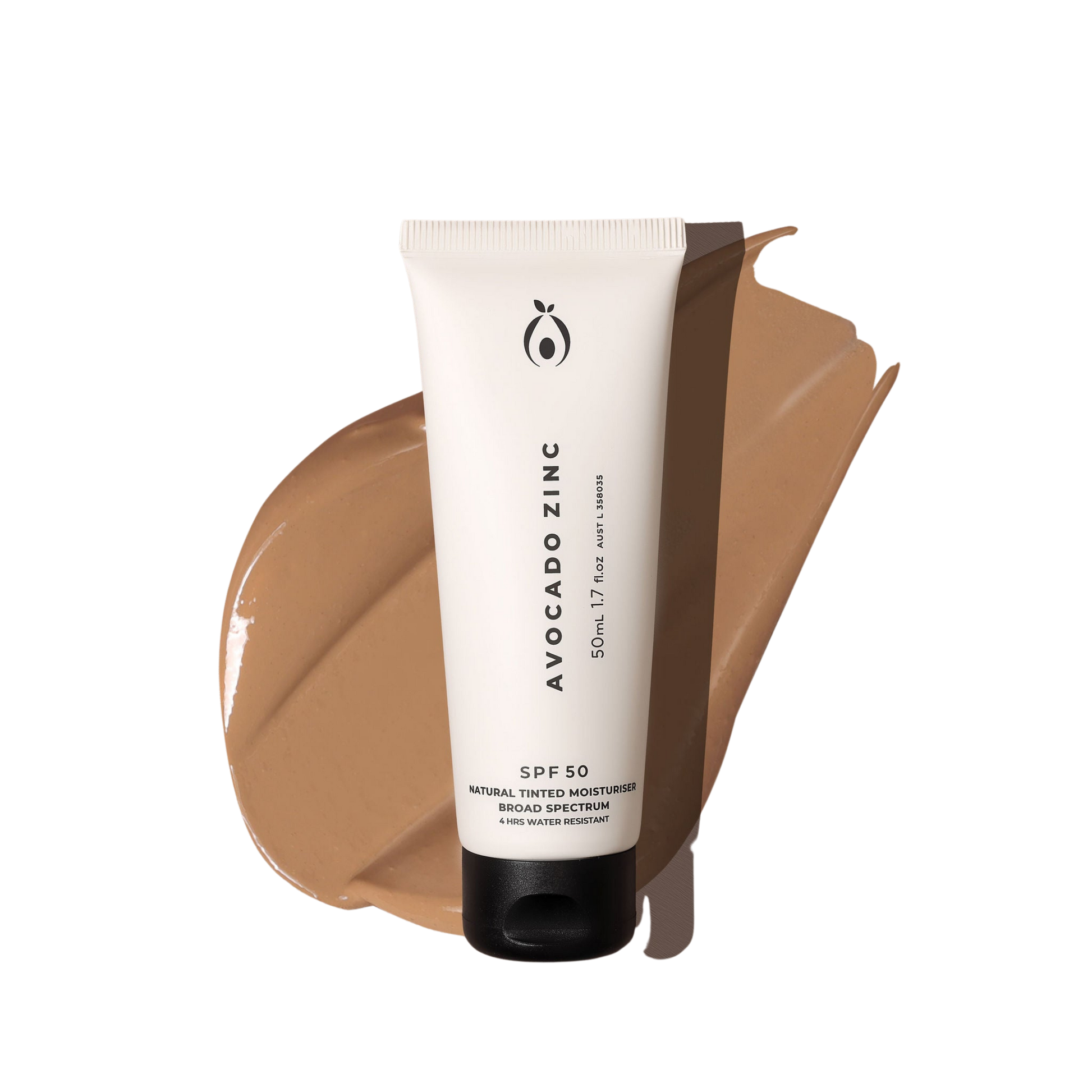 Avocado Zinc tinted sunscreen tube with a brown color swatch 