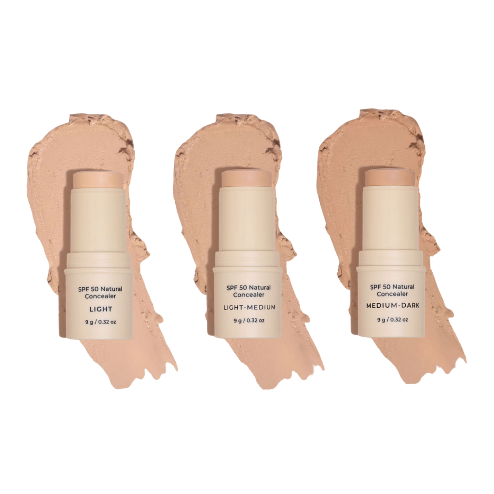 Three SPF 50 Natural Concealer sticks with swatches