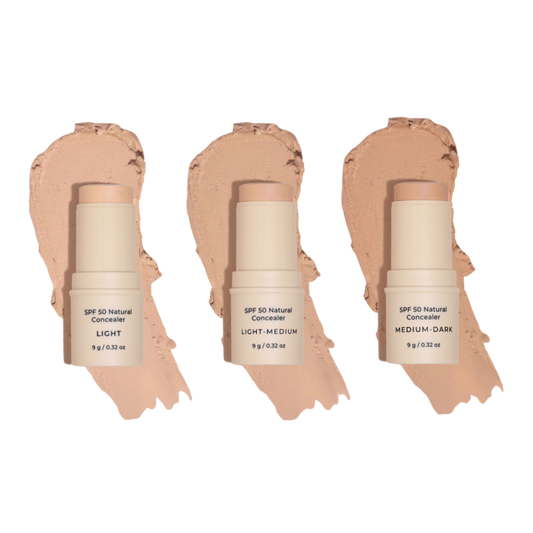 Three SPF 50 Natural Concealer sticks with swatches