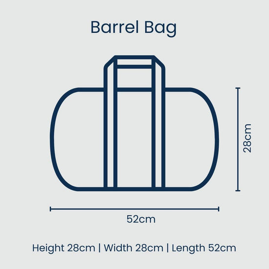 Illustration of a barrel bag with dimensions on a light gray background