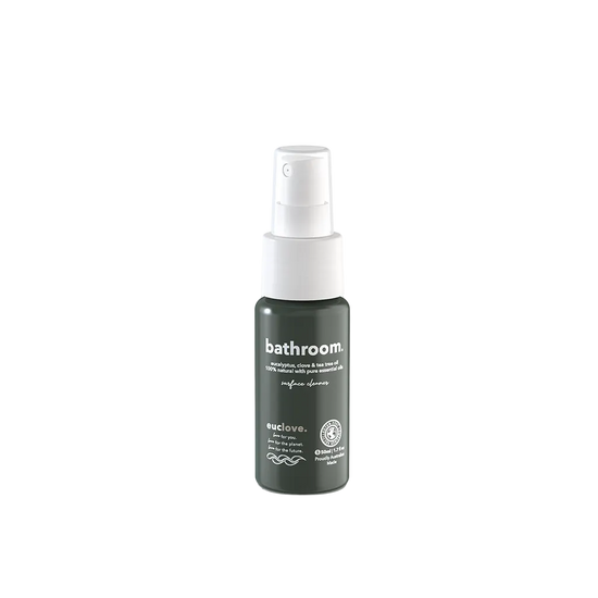 Bottle of 'bathroom' spray with 'euclove' branding
