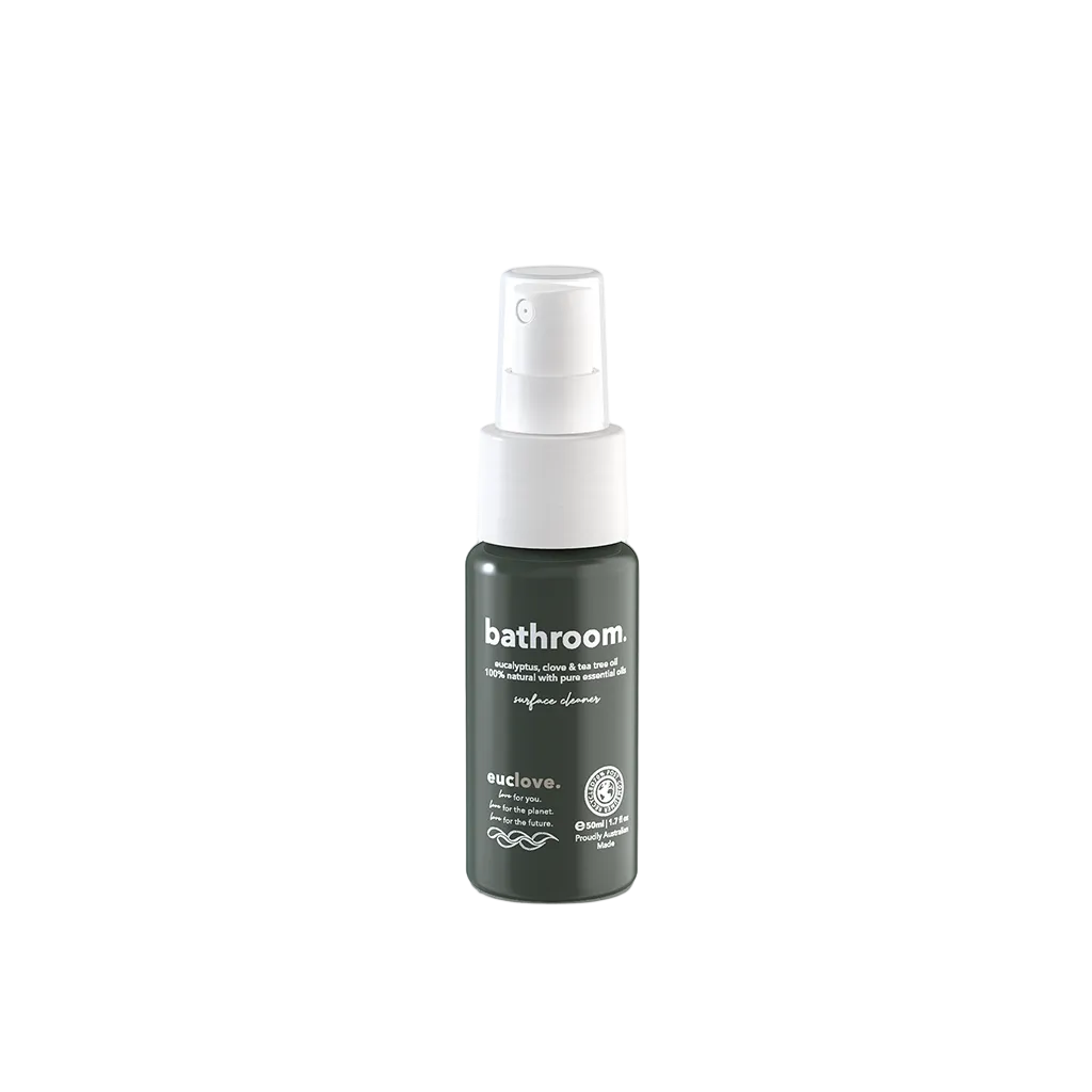 Bottle of 'bathroom' spray with 'euclove' branding