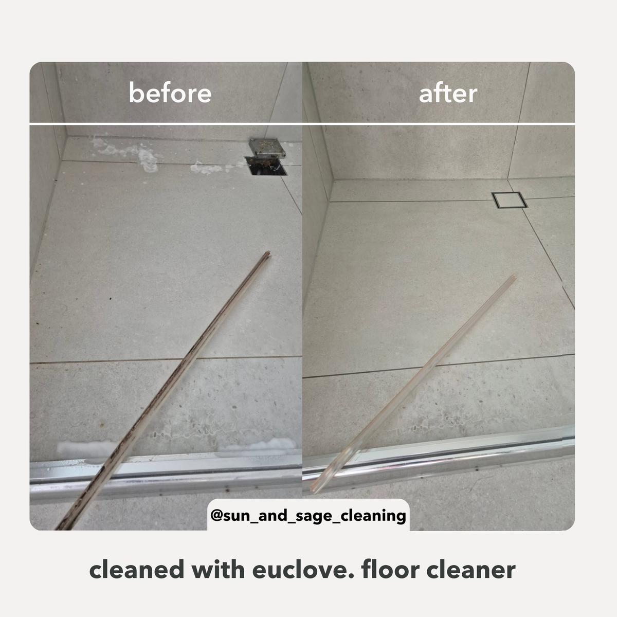 Before and after comparison of a tiled floor cleaned with Euclove floor cleaner.