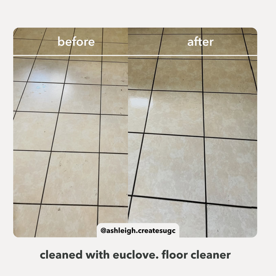 Before and after comparison of a tiled floor cleaned with Euclove floor cleaner.