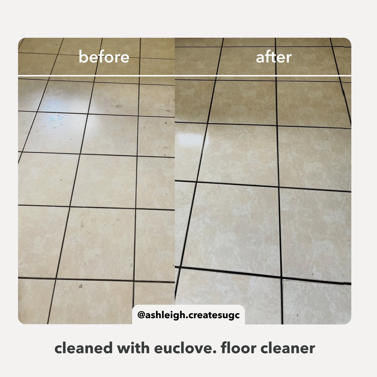 Before and after comparison of a tiled floor cleaned with Euclove floor cleaner.