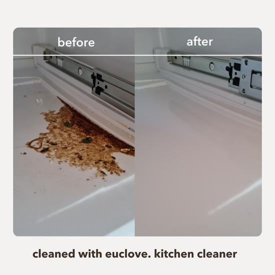 Before and after comparison of a kitchen surface cleaned with Euclidean kitchen cleaner.