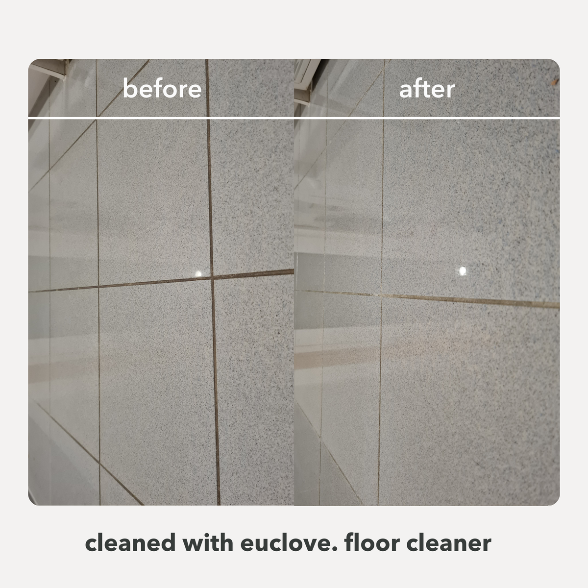 Before and after comparison of a tiled floor cleaned with Euclove floor cleaner.