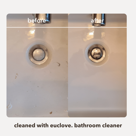 Before and after comparison of a bathroom sink cleaned with Euclove bathroom cleaner.