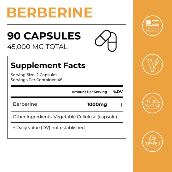 Berberine supplement label with 90 capsules and 45,000 mg total on an orange and white background.