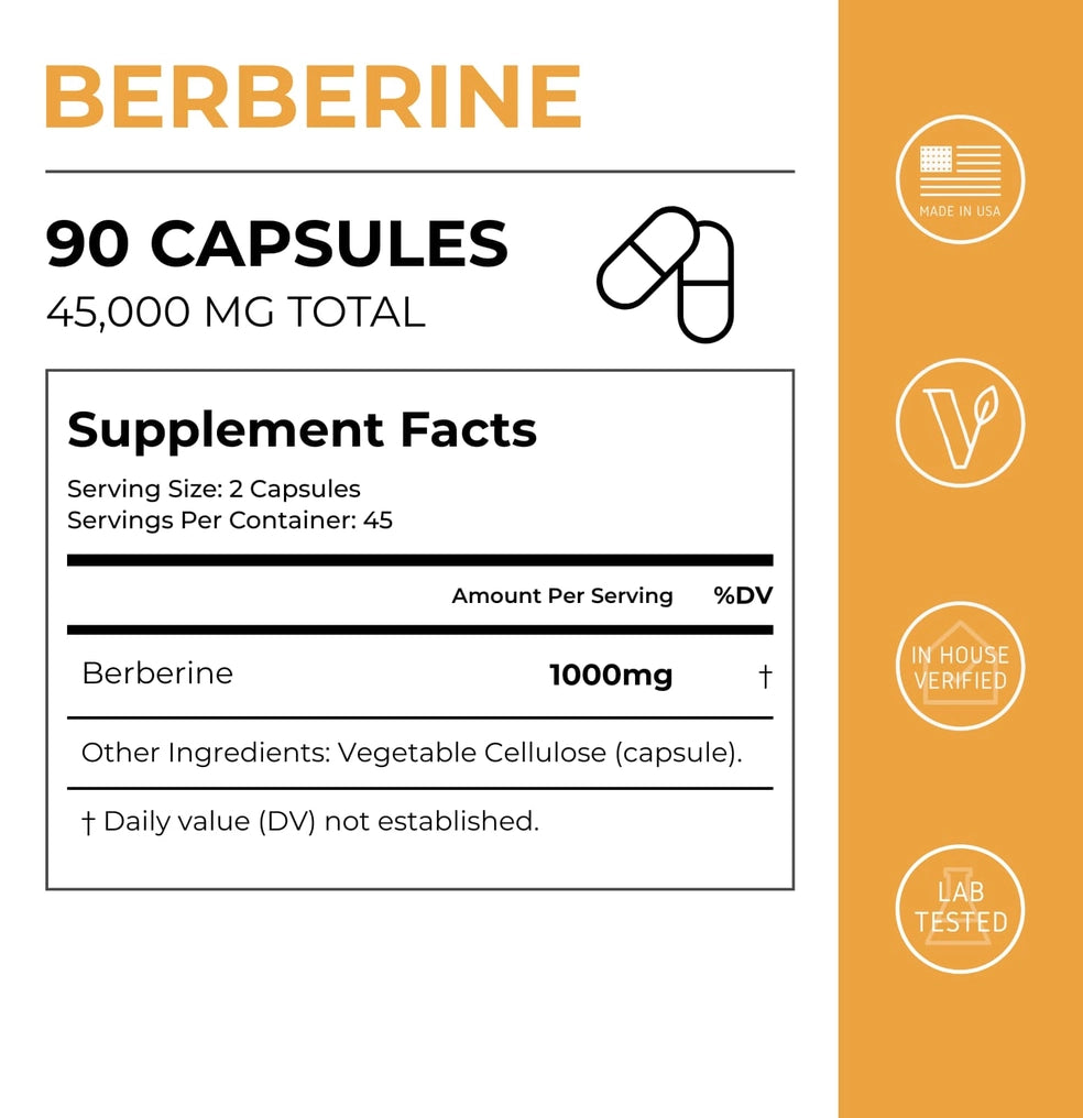Berberine supplement label with 90 capsules and 45,000 mg total on an orange and white background.