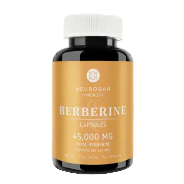 Bottle of Berberine capsules with a gold label on a transparent background