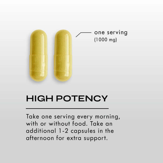 Two yellow capsules with text on a light gray background. one serving is 1000mg. High potency. Take one serving every morning, with or without food. Take an additional 1-2 capsules in the afternoon for extra support.