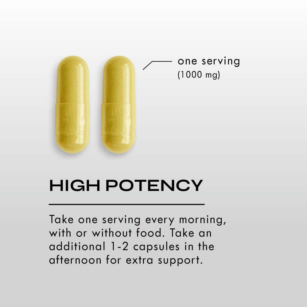 Two yellow capsules with text on a light gray background. one serving is 1000mg. High potency. Take one serving every morning, with or without food. Take an additional 1-2 capsules in the afternoon for extra support.
