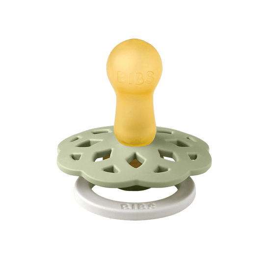 BIBS Boheme pacifier featuring sage color, flower-style silicone shield, and white ring handle—premium baby soothers for newborns and infants. Glow in the dark, round, size one.