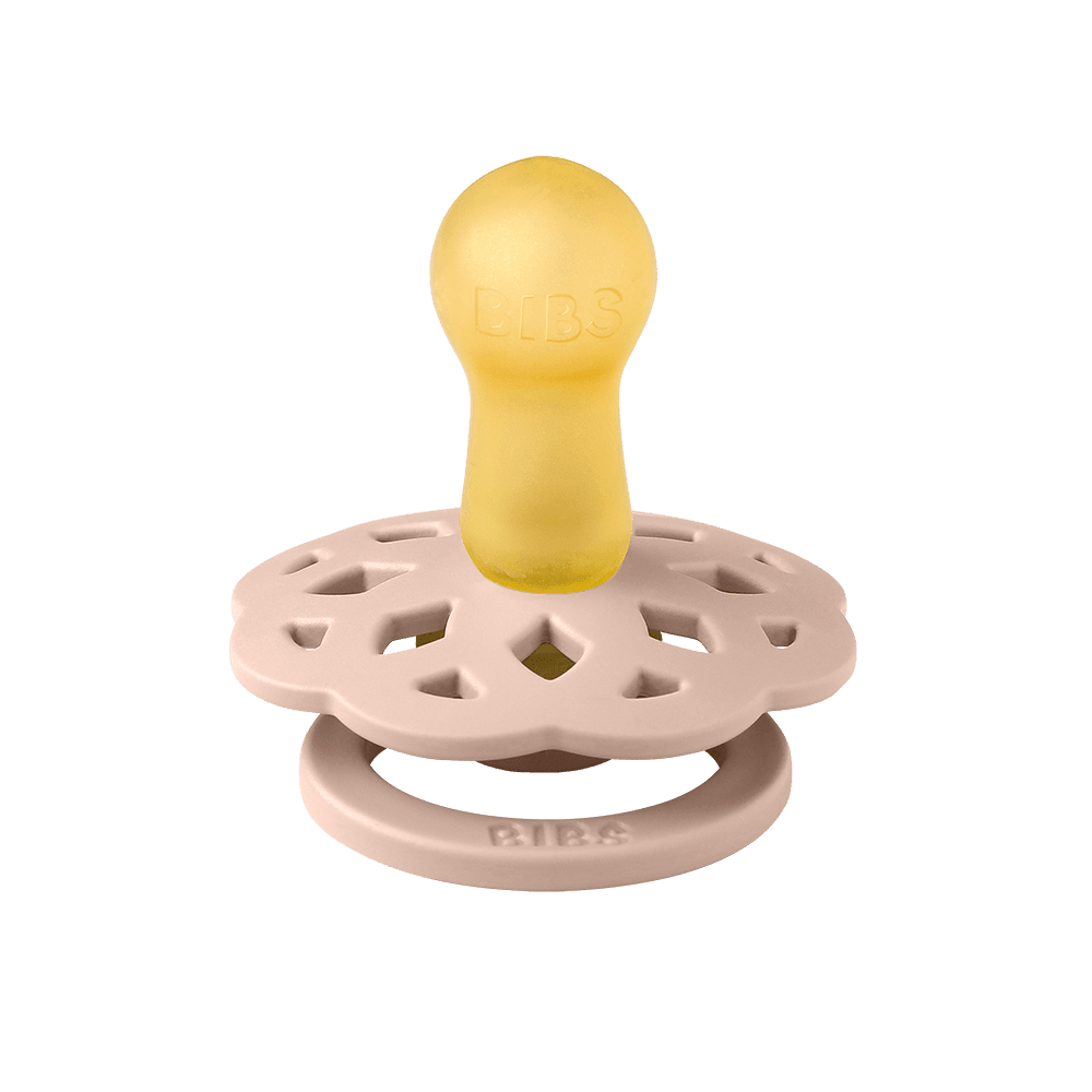 BIBS Boheme pacifiers featuring blush color, flower-style silicone shield, ring handles—premium baby soothers for newborns and infants. Round, size one.
