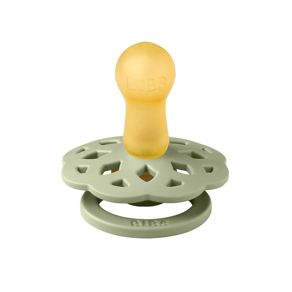 BIBS Boheme pacifiers featuring sage colour, flower-style silicone shield, ring handles—premium baby soothers for newborns and infants. Round, size one.