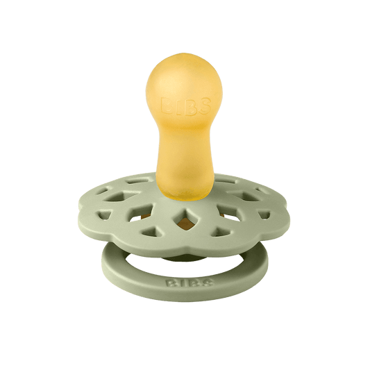 BIBS Boheme pacifiers featuring sage colour, flower-style silicone shield, ring handles—premium baby soothers for newborns and infants. Round, size one.