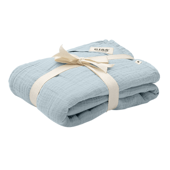 Lightweight baby blue BIBS muslin cloth for babies. Folded neatly with vanilla ribbon around. 