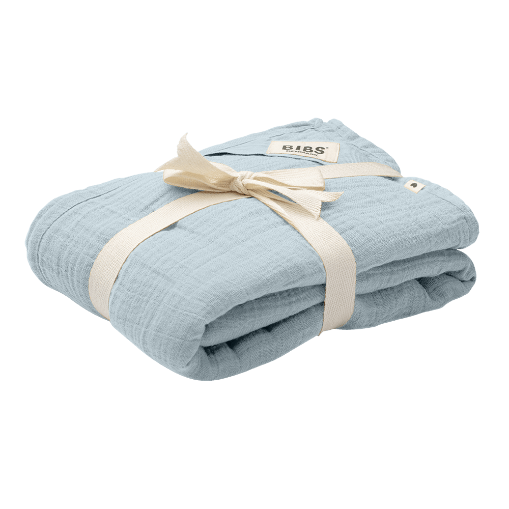 Lightweight baby blue BIBS muslin cloth for babies. Folded neatly with vanilla ribbon around. 