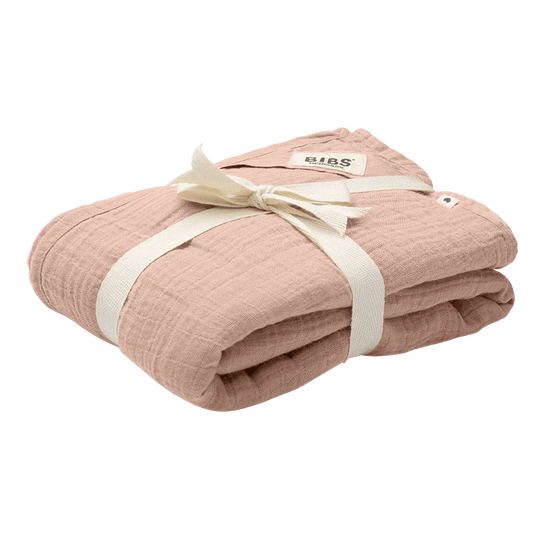 Lightweight blush pink BIBS muslin cloth for babies. Folded neatly with vanilla ribbon around. 