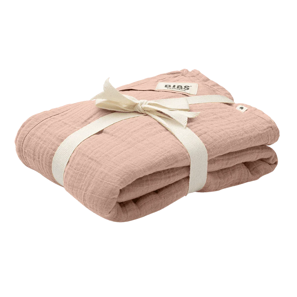 Lightweight blush pink BIBS muslin cloth for babies. Folded neatly with vanilla ribbon around. 