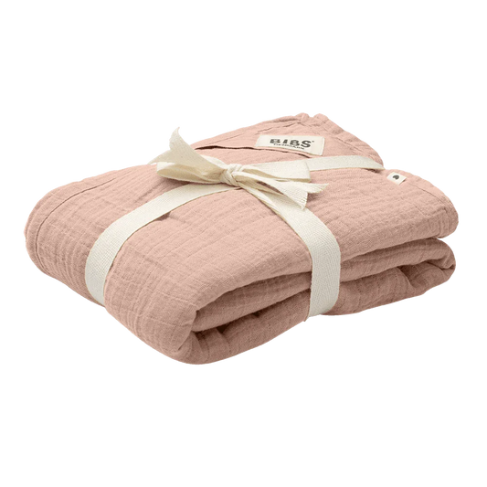 Lightweight blush pink BIBS muslin cloth for babies. Folded neatly with vanilla ribbon around. 