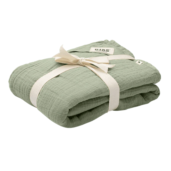 Lightweight sage BIBS muslin cloth for babies. Folded neatly with vanilla ribbon around. 
