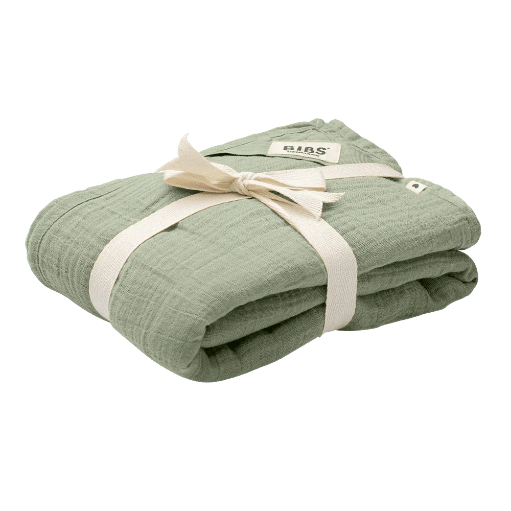 Lightweight sage BIBS muslin cloth for babies. Folded neatly with vanilla ribbon around. 