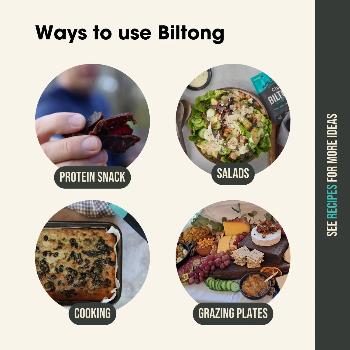 An infographic titled 'Ways to use Biltong' showing four circular food-use examples: protein snack, salads, cooking, and grazing plates. The design has a cream background, a dark gray vertical sidebar on the right reading 'SEE RECIPES FOR MORE IDEAS', and black labels under each photo.