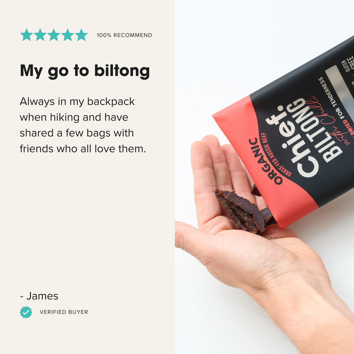 A hand holds a small piece of biltong next to a bag of Chief Biltong Organic beef jerky with chilli on a clean white background, with a beige text panel on the left reading 'My go to biltong' and a verified buyer badge.