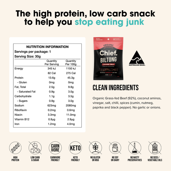 Chief Biltong cayenne chilli packaging with nutrition information and product details on a white background