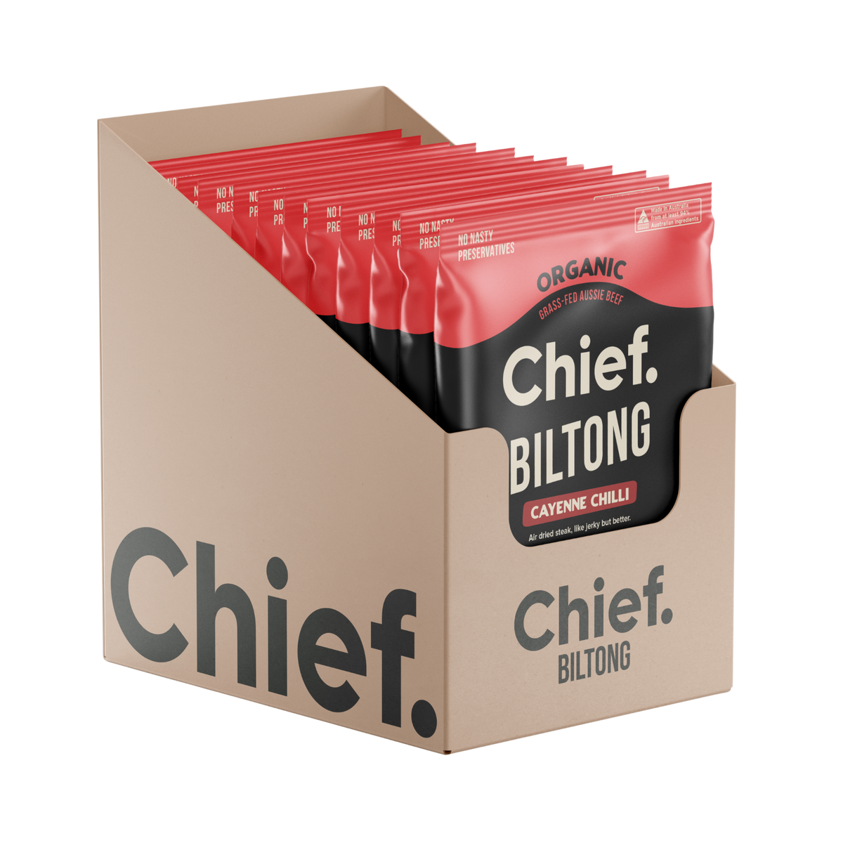 A cardboard display box filled with Chief Biltong cayenne chili biltong pouches, shown
