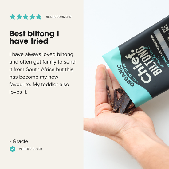 A hand holding pieces of biltong next to a branded biltong pouch on a clean white background, with a text panel on the left reading 'Best biltong I have tried' and a verified buyer badge.