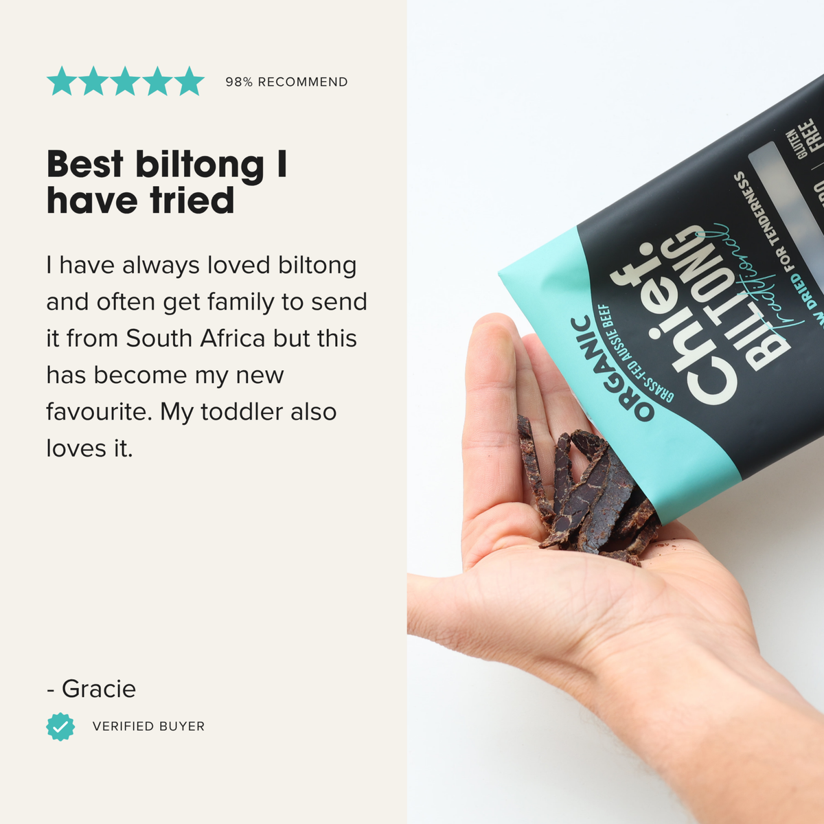 A hand holding pieces of biltong next to a branded biltong pouch on a clean white background, with a text panel on the left reading 'Best biltong I have tried' and a verified buyer badge.