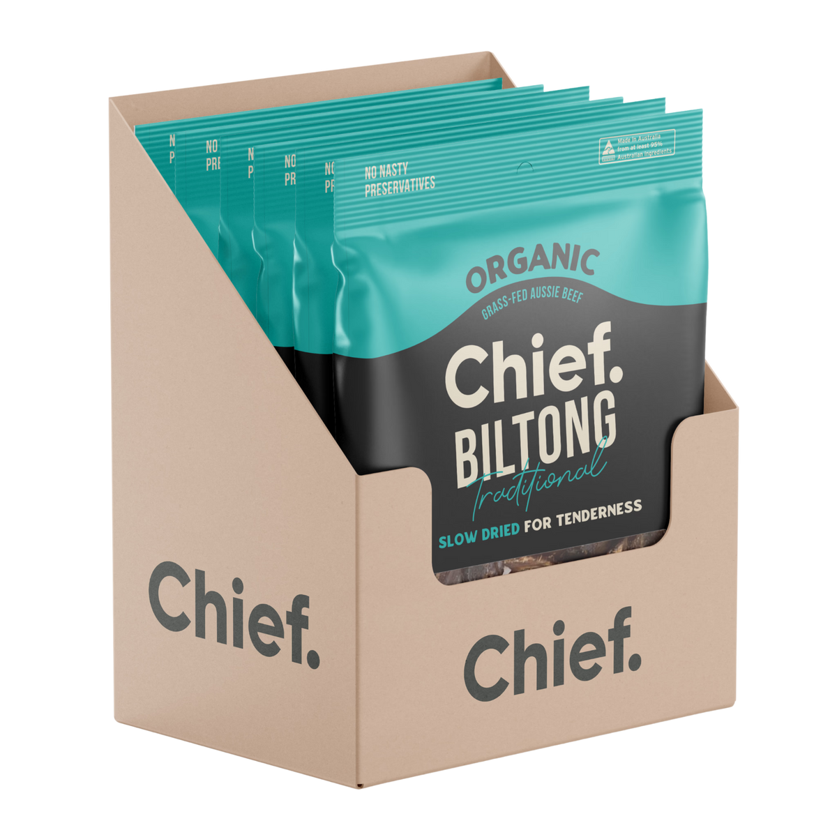 Chief Organic Biltong packaging with teal and brown design