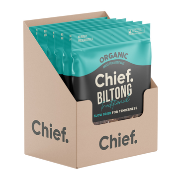 Chief Organic Biltong packaging with teal and brown design